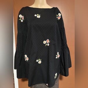 Loft Black Boho Peasant Long Sleeve Blouse with Floral Embroidery XXL